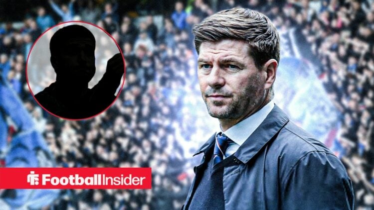 Steven Gerrard at Ibrox, Nico Raskin's silhouette in a circular inset