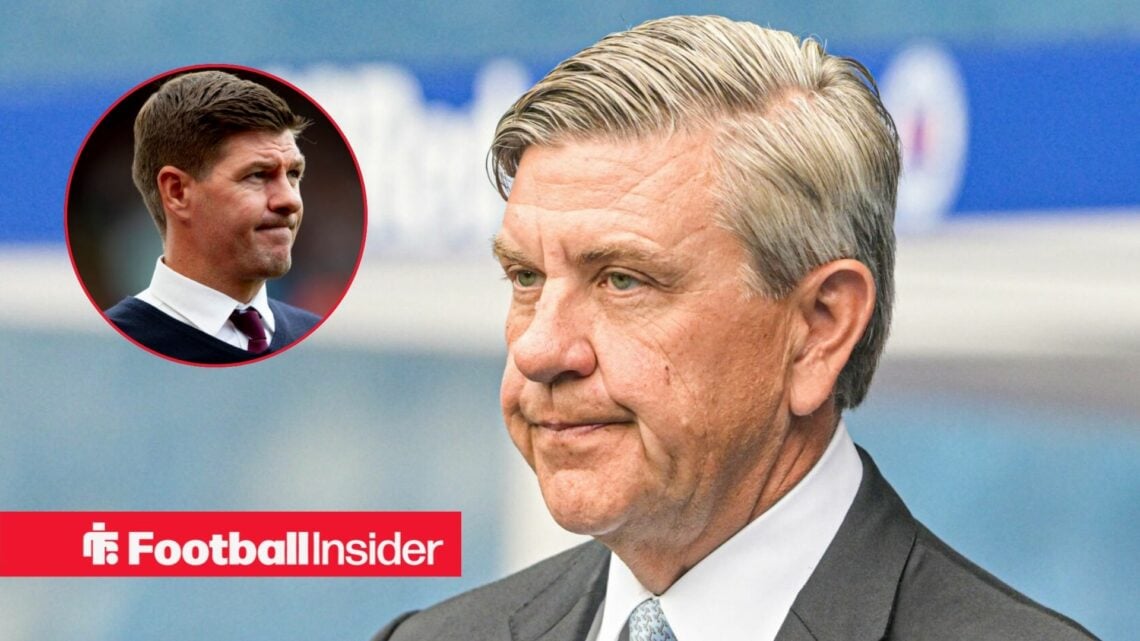 Rangers chairman Andrew Cavenagh at Ibrox, with Steven Gerrard in a circular inset