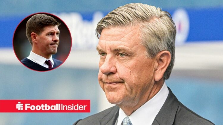 Rangers chairman Andrew Cavenagh at Ibrox, with Steven Gerrard in a circular inset