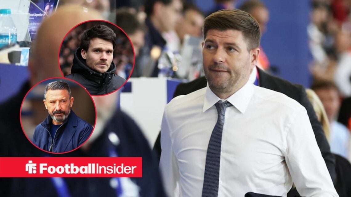 Steven Gerrard on the touchline at Ibrox, with Danny Rohl and Derek McInnes in circular insets