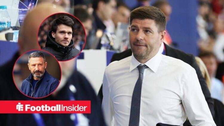 Steven Gerrard on the touchline at Ibrox, with Danny Rohl and Derek McInnes in circular insets
