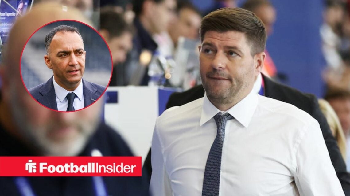 Steven Gerrard on the touchline for Rangers with Paraag Marathe in a circular inset
