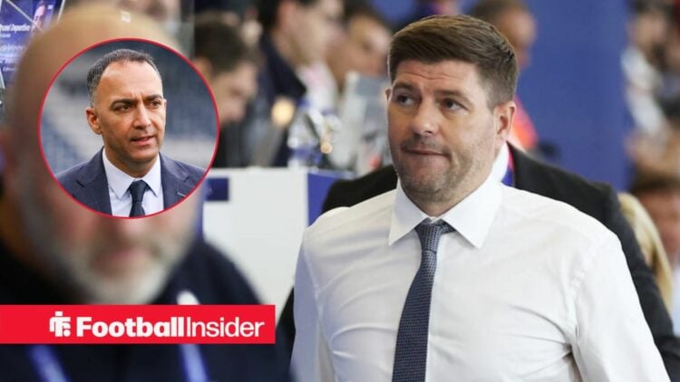 Steven Gerrard on the touchline for Rangers with Paraag Marathe in a circular inset