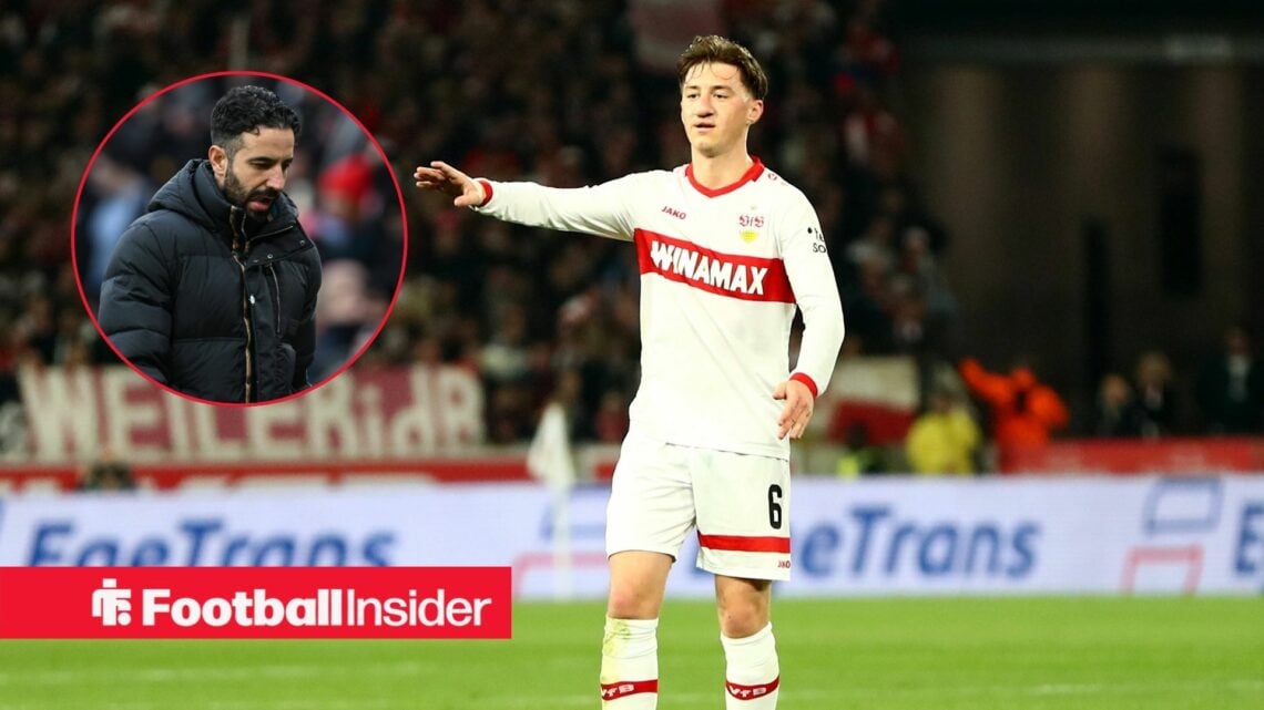 Stuttgart's Angelo Stiller in action with Man United boss Ruben Amorim inset