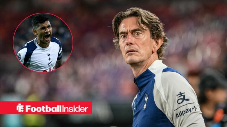 Thomas Frank on the sidelines at Tottenham, with Cristian Romero in a circular inset