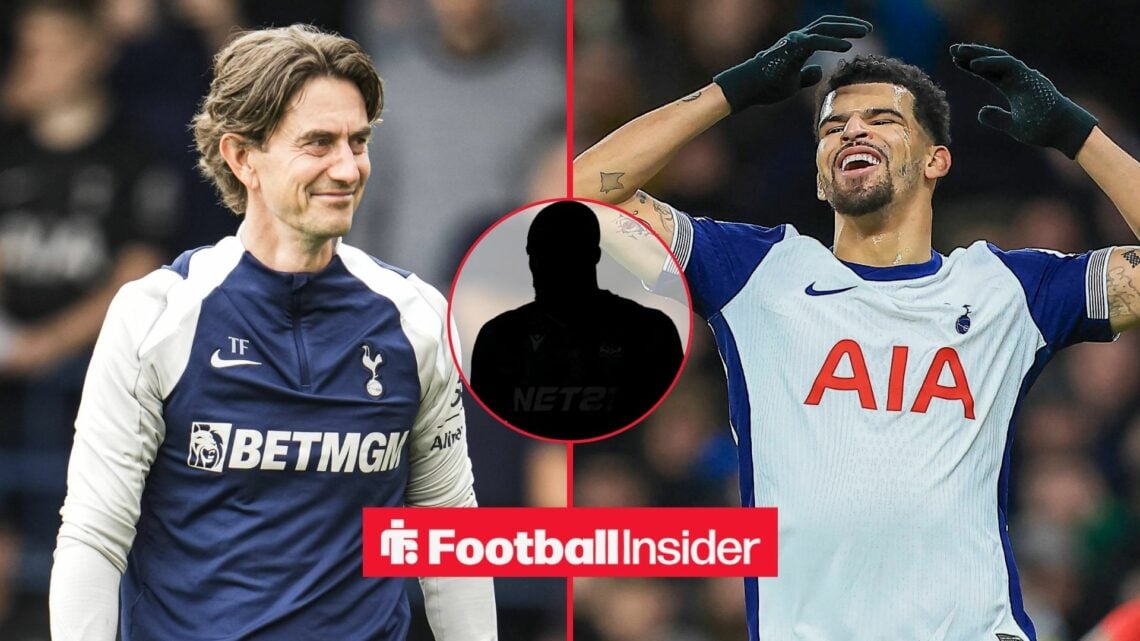 Thomas Frank and Domininc Solanke side-by-side, Jean-Philippe Mateta's silhouette in a circular inset