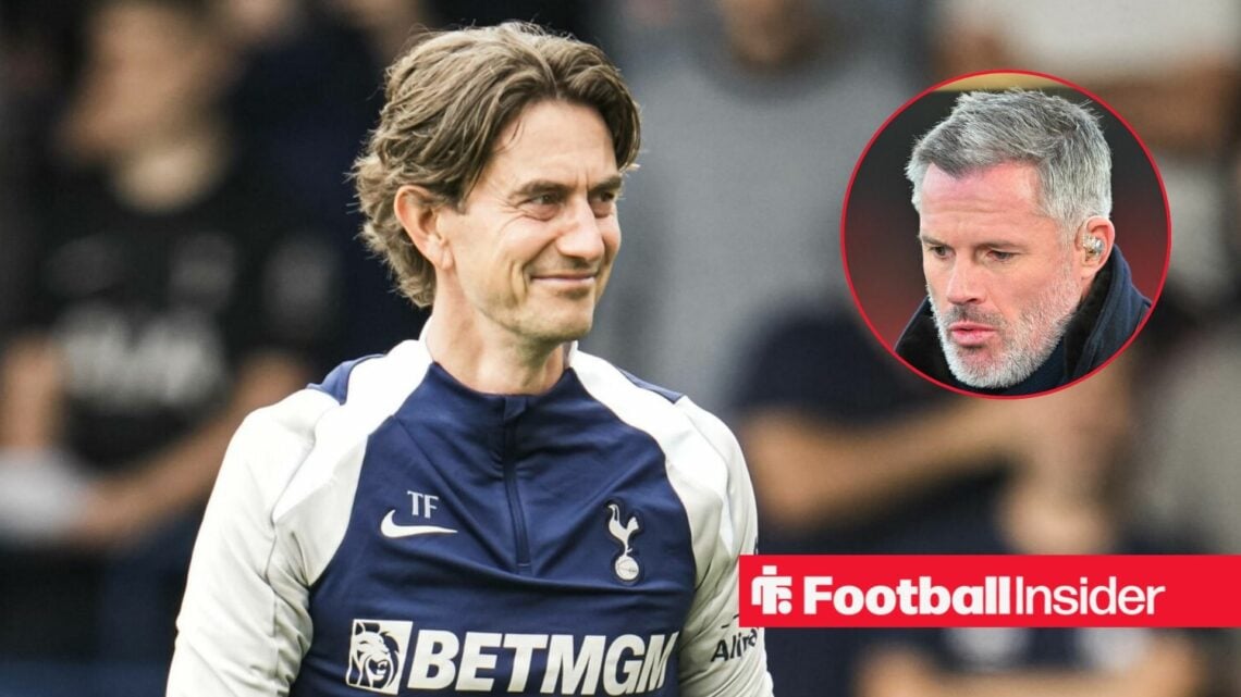 Tottenham manager Thomas Frank alongside a circular inset of Jamie Carragher