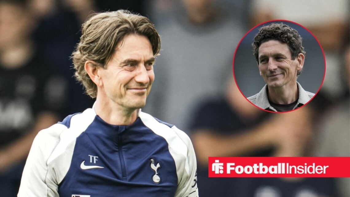 Thomas Frank on the sidelines for Tottenham, with Keith Andrews in a circular inset