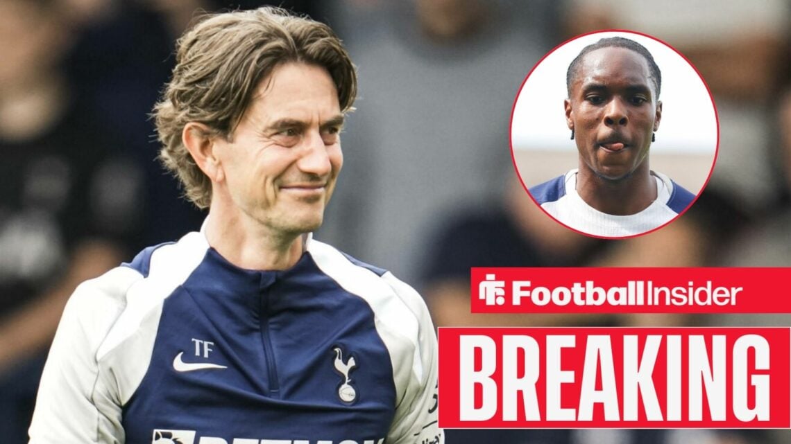 Tottenham boss Thomas Frank smiling at Mathys Tel