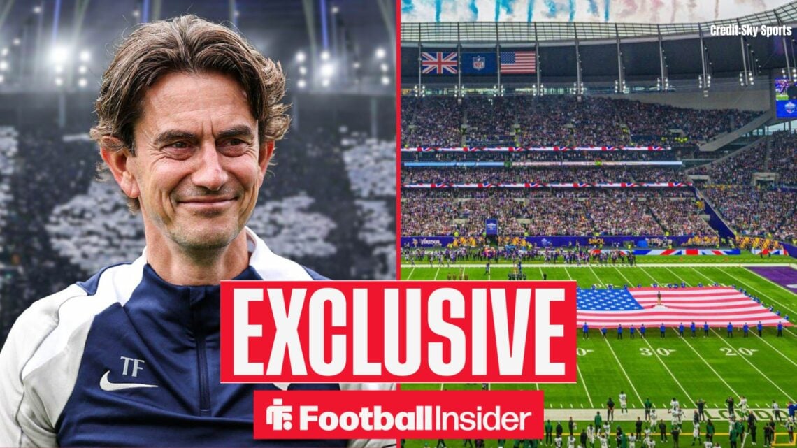 Thomas Frank smiling alongside an NFL game at Tottenham's stadium