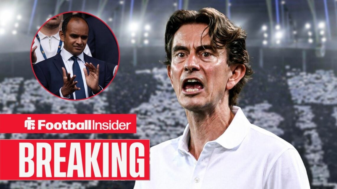 Thomas Frank shouting with Vinai Venkatesham included in a circular inset