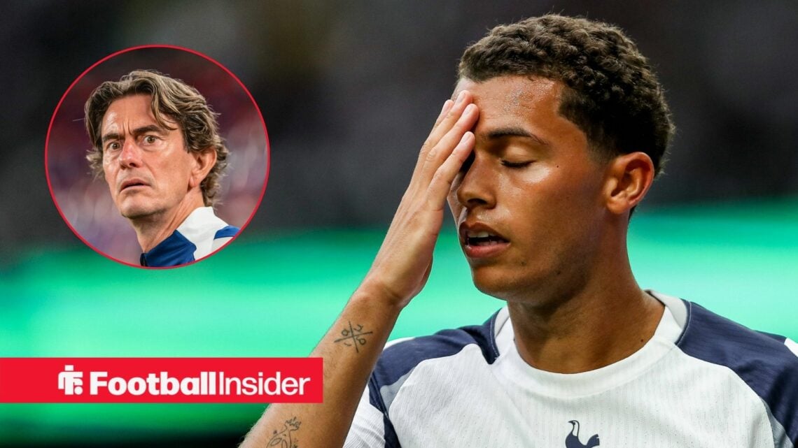 Thomas Frank staring on the left with Brennan Johnson with his hand to his head on the right for Tottenham