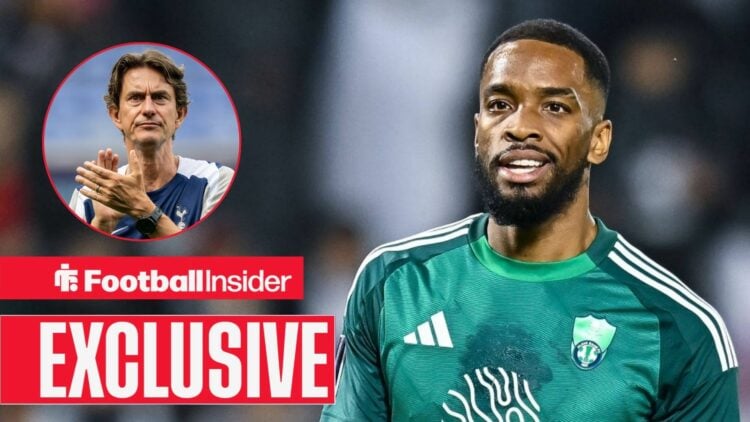 Thomas Frank clapping in a Tottenham shirt on the left with Ivan Toney smiling on the right