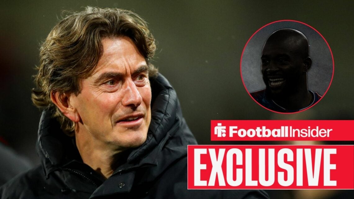 Thomas Frank smiling on the left for Tottenham with a faded out Jean-Philippe Mateta on the right