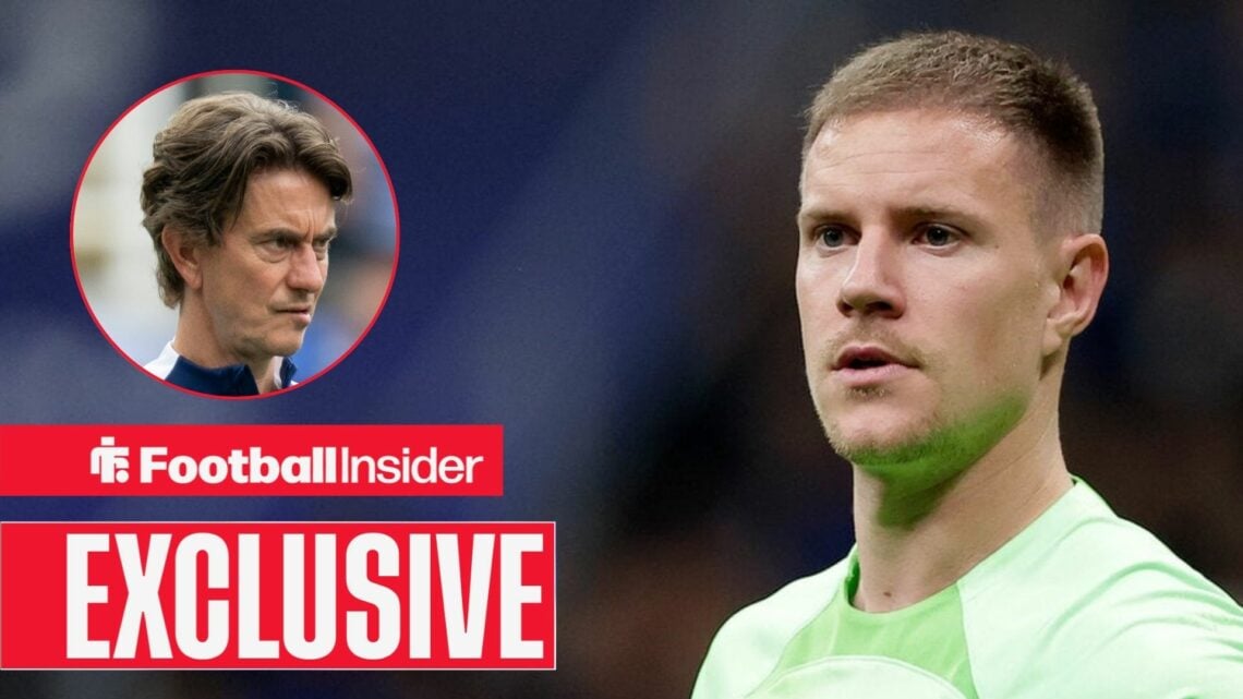 Thomas Frank looking concerned on the left for Tottenham with Marc-Andre ter Stegen looking focused on the right