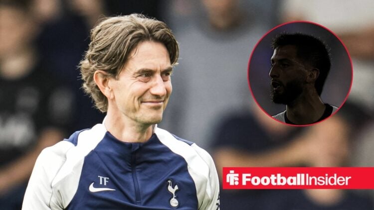 Thomas Frank smiling on the left with a faded out Rodrigo Bentancur for Tottenham on the right