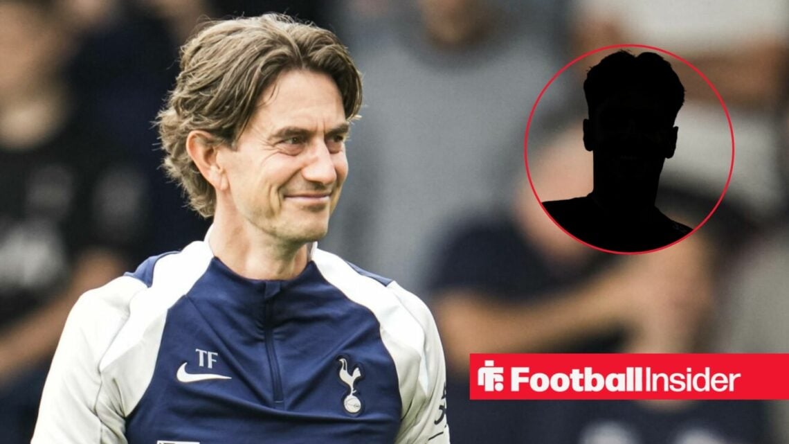 Thomas Frank on the touchline at Tottenham, with a blanked-out player in a circular inset