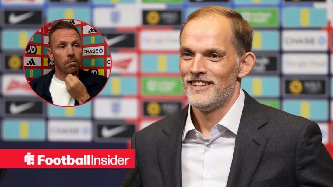 Thomas Tuchel in an England press conference, Craig Bellamy in a circular inset
