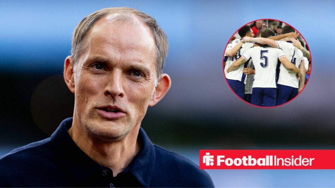 Thomas Tuchel on the touchline with England players in a circular inset