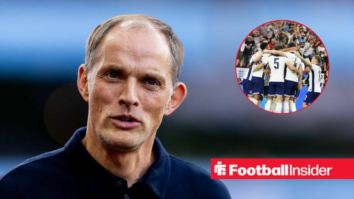 Thomas Tuchel on the touchline, with England players in a circular inset