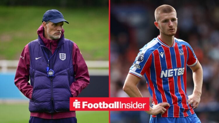 Thomas Tuchel looking at training next to Adam Wharton with his hands on his hips