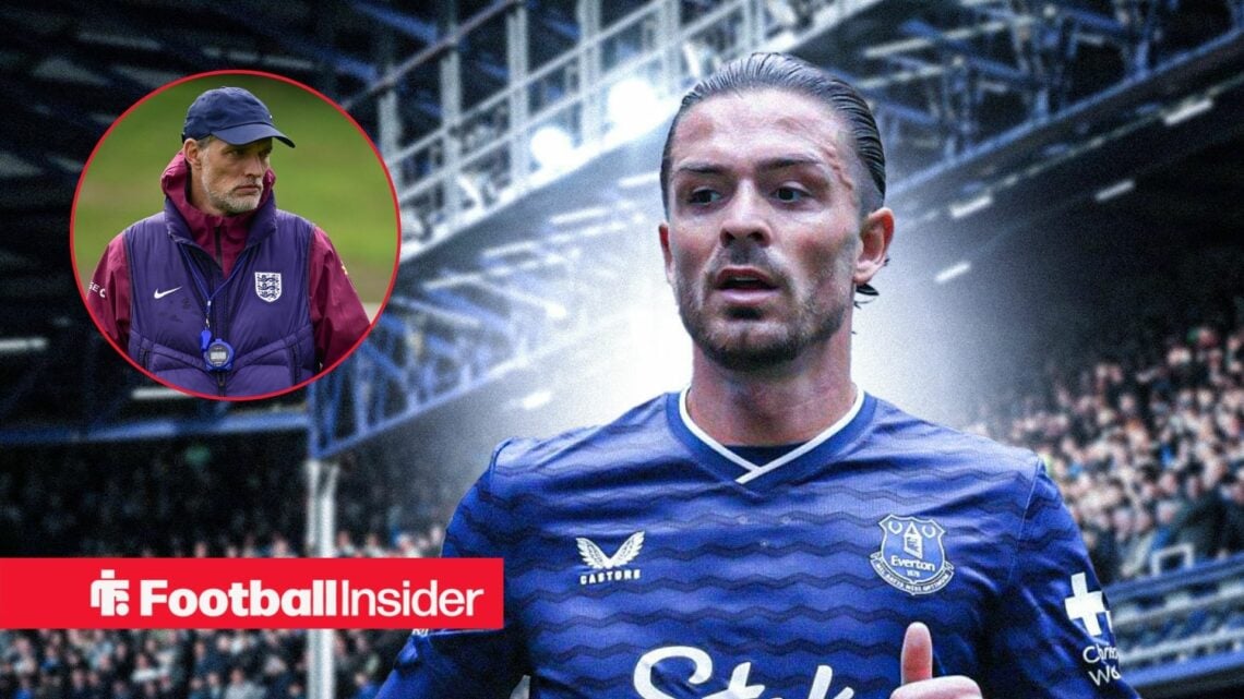 England boss Thomas Tuchel in a circular frame alongside an image of Jack Grealish in an Everton shirt