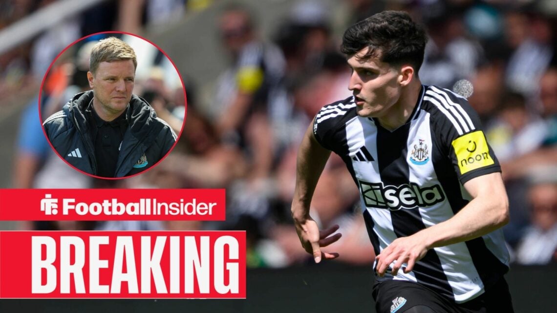 Tino Livramento running at St James' Park, Eddie Howe in a circular inset