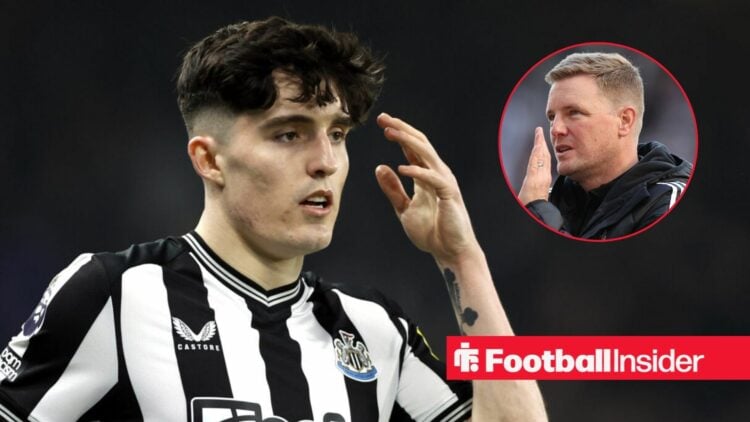 Tino Livramento with his hand by his head, with Eddie Howe in a circular inset