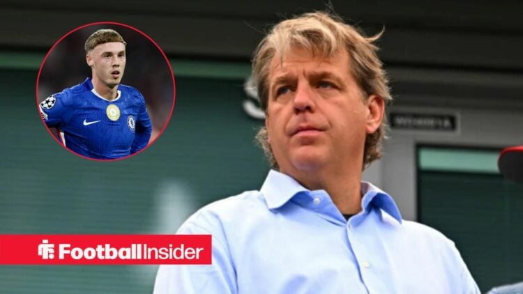 Todd Boehly looking concerned with Cole Palmer included in a circular inset