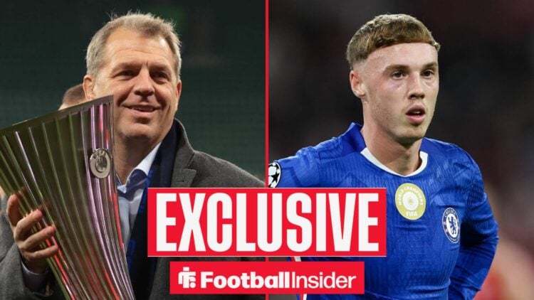 Todd Boehly holding the Conference League trophy alongside Cole Palmer in a Chelsea shirt