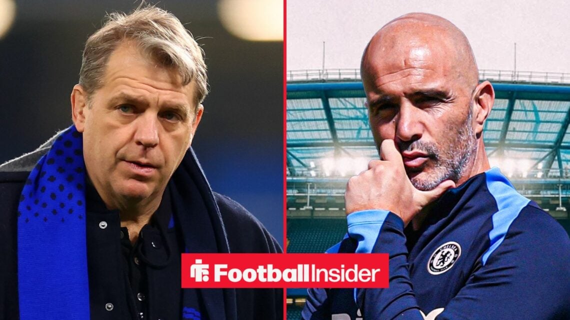 Todd Boehly looking upset alongside Enzo Maresca with his hand on his chin