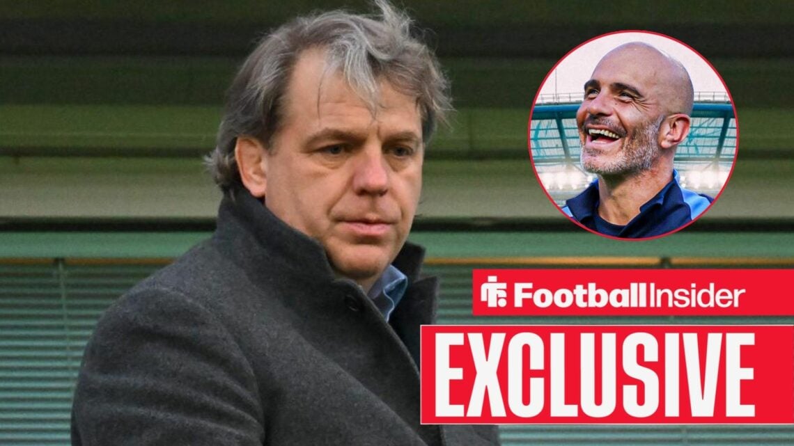 Todd Boehly looking serious with Enzo Maresca included in a circular inset