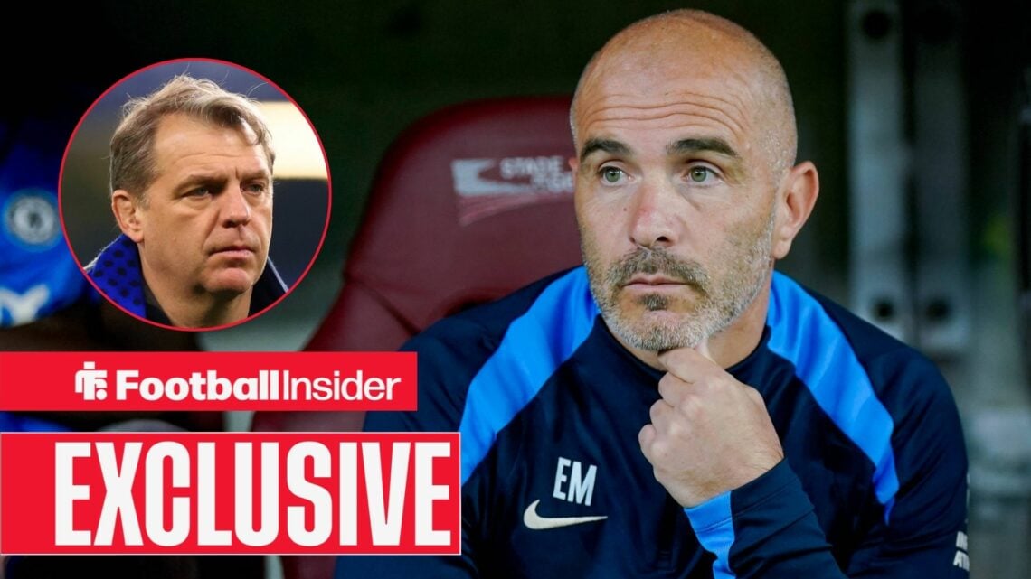 Todd Boehly on the left looking serious with Chelsea manager Enzo Maresca focused on the right