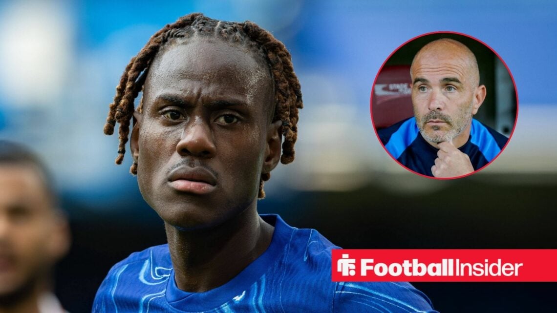 Trevoh Chalobah in action for Chelsea, with Enzo Maresca in a circular inset