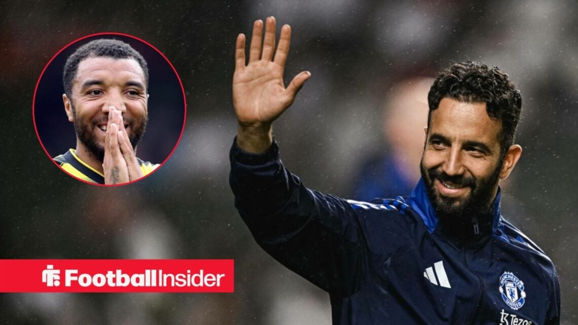 A headshot of Troy Deeney in a circular frame alongside Man United boss Ruben Amorim