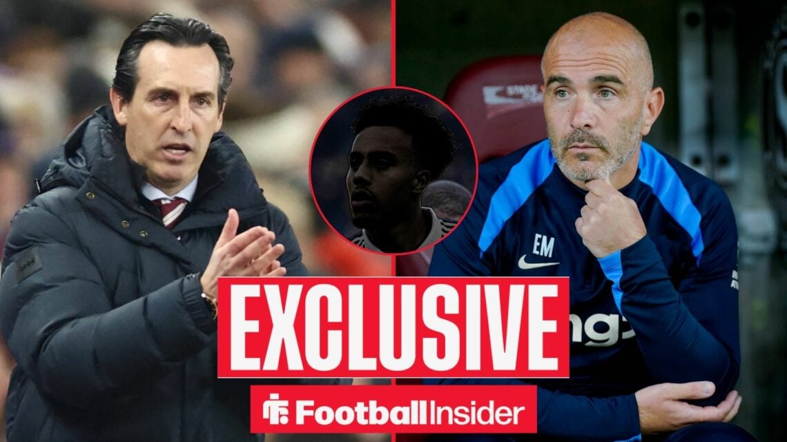 Unai Emery clapping his hands on the left with a focused Enzo Maresca on the right and a faded out Guela Doue in the middle