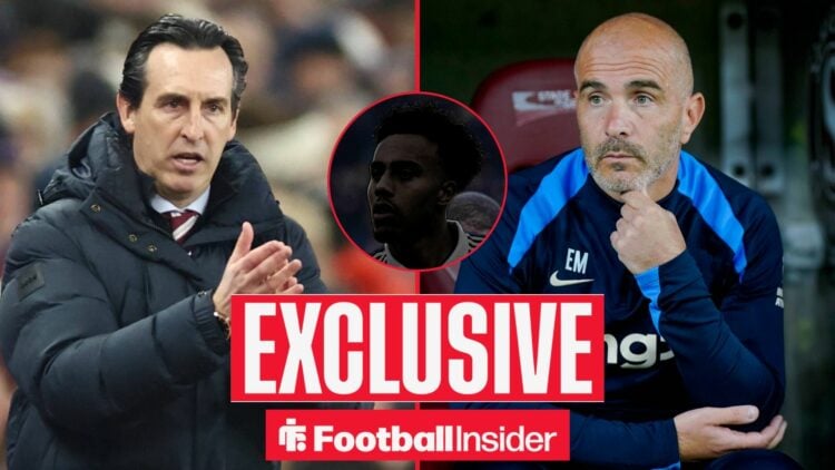Unai Emery clapping his hands on the left with a focused Enzo Maresca on the right and a faded out Guela Doue in the middle
