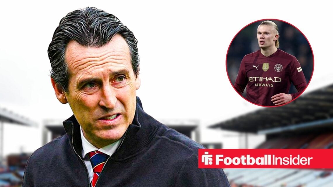 Aston Villa boss Unai Emery looking concerned alongside an image of Erling Haaland