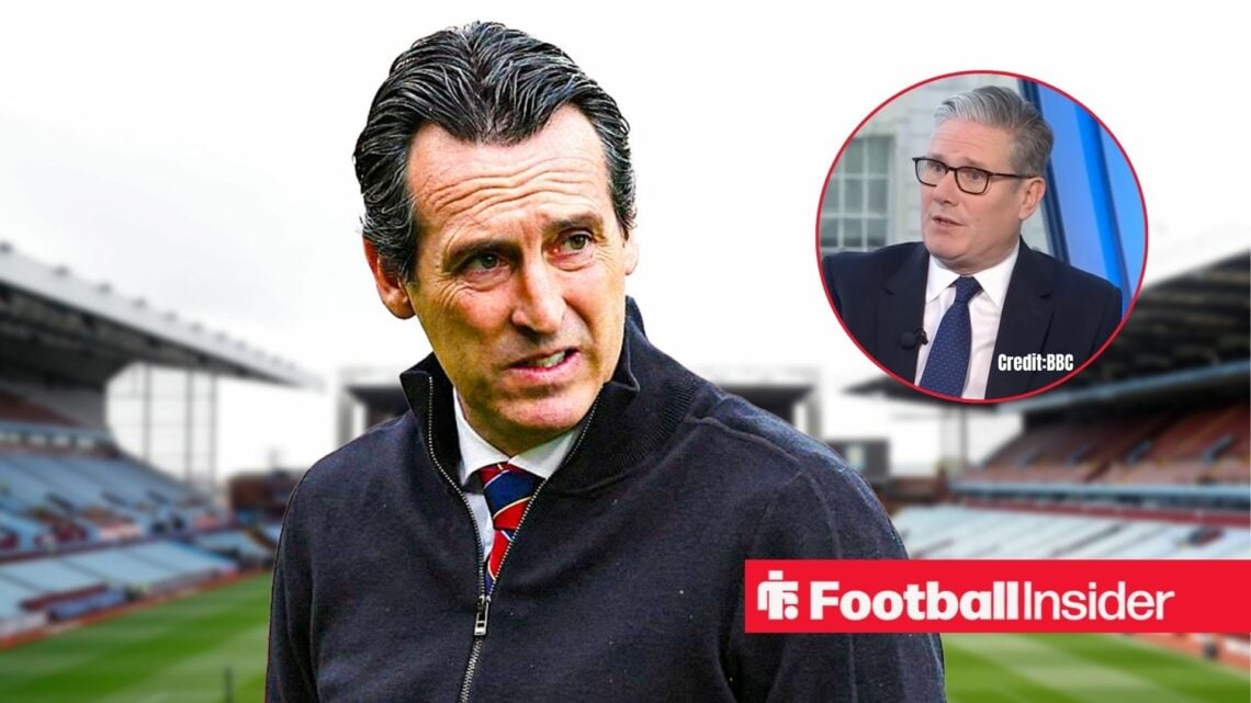 Unai Emery looking concerned with Keir Starmer included in a circular inset