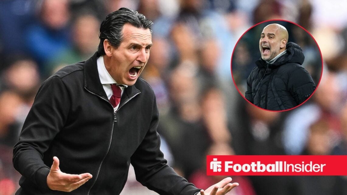 Unai Emery screaming on the touchlines, Pep Guardiola in a circular inset