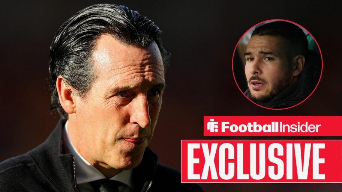 Unai Emery with his tongue sticking out on the left with Emiliano Buendia looking serious on the right above an EXCLUSIVE banner