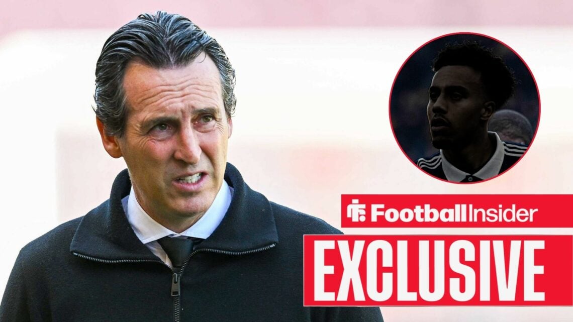 Aston Villa manager Unai Emery looking concerned on the left with a faded out Guela Doue on the right