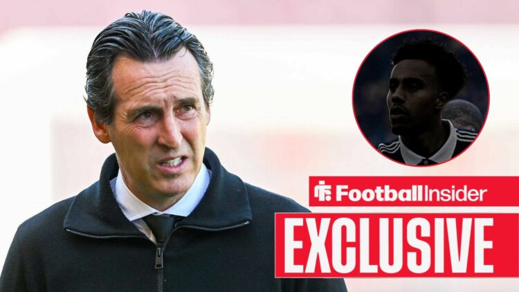 Aston Villa manager Unai Emery looking concerned on the left with a faded out Guela Doue on the right