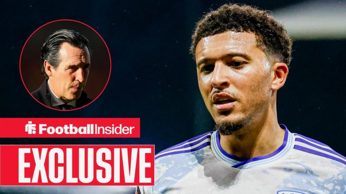 Unai Emery looking focused on the left with Jadon Sancho looking serious for Aston Villa