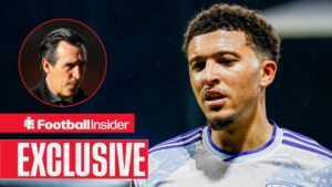 Unai Emery looking focused on the left with Jadon Sancho looking serious for Aston Villa