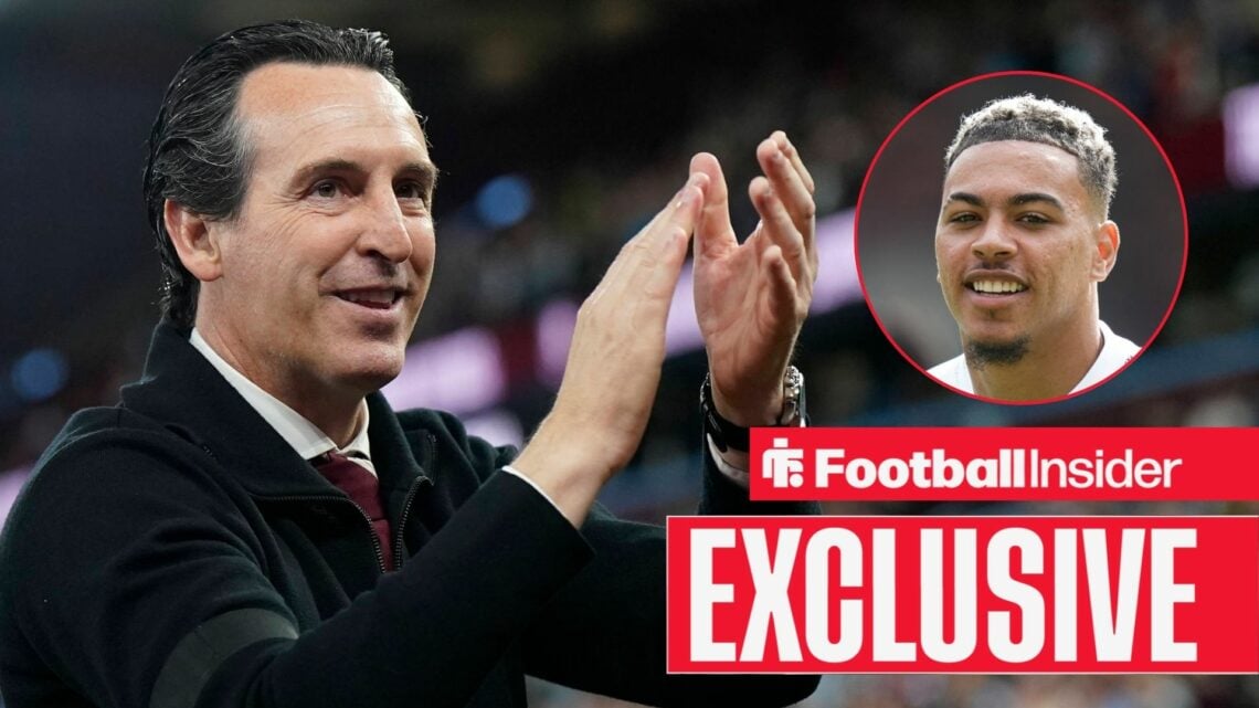 Unai Emery clapping with Morgan Rogers smiling on the right