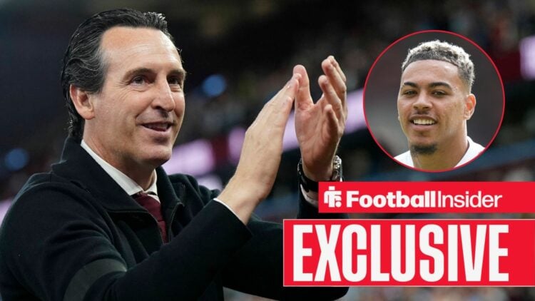 Unai Emery clapping with Morgan Rogers smiling on the right