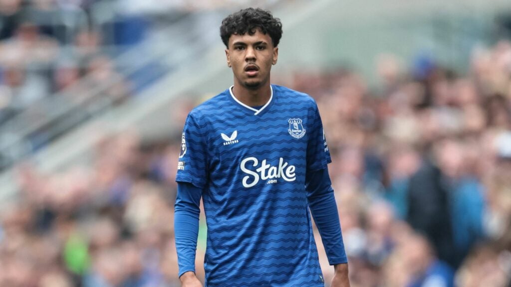 Adam Aznou playing for Everton