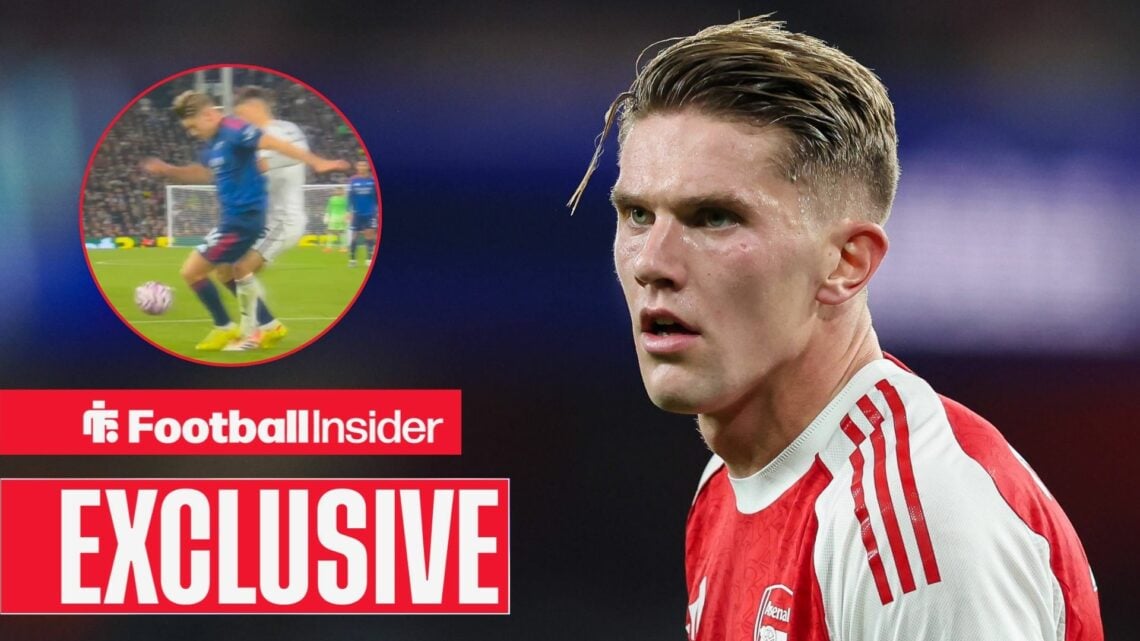 Viktor Gyokeres playing for Arsenal, Jorge Cuenca's challenge in a circular inset
