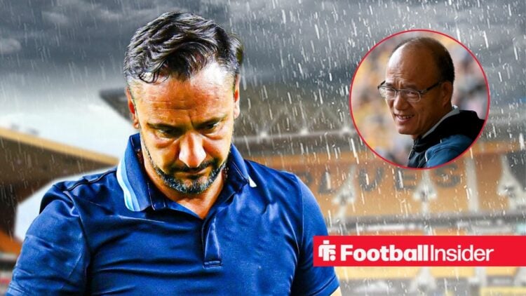 Vitor Pereira in the rain at Molineux, with Wolves owner Fosun in a circular inset